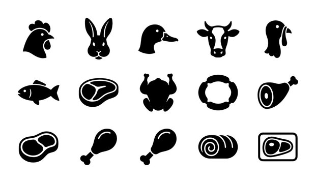 Minimalist meat and livestock icons, 15 black vector silhouettes of farm animals and butchery products, butcher shop and grocery store symbols