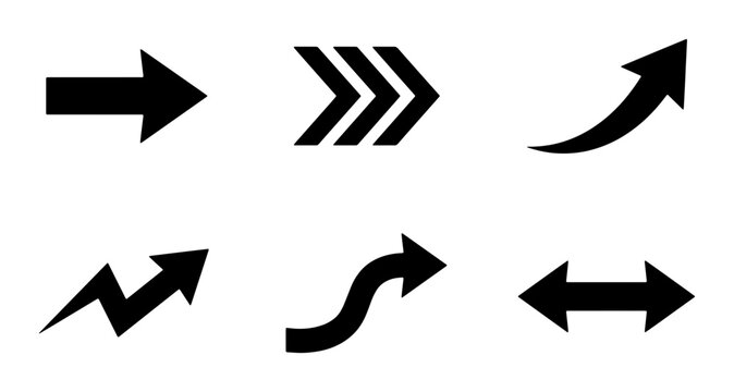 Black arrow icon set with 6 vector elements, minimalist directional pointers for navigation, flat graphic symbols for business growth and web UI