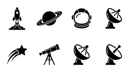 Space exploration icon set, black solid astronomy symbols, 8 vector elements featuring rocket ship and astronaut helmet for science education © Shariful