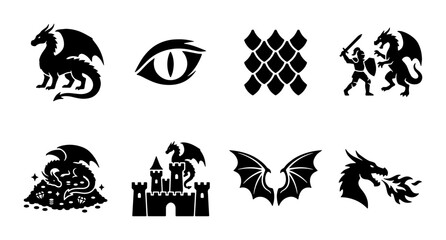 Fantasy dragon icon set, black silhouette mythical creature symbols, medieval dragon and knight battle graphics, 8 vector elements for gaming © Sanjida