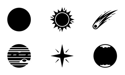 Minimalist celestial space icons set, black silhouette planet and star vector elements, 6 astronomy symbols for galaxy infographics and web design © Shariful