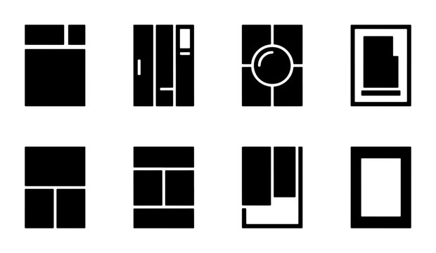 Minimalist layout grid icons, set of 8 black vector wireframe templates, geometric interface structure symbols for web design and app development