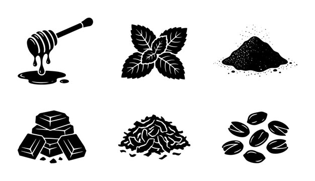 Black silhouette food ingredients set, honey dipper and mint leaves icons, chocolate pieces and coffee beans vector collection for cafe menu design