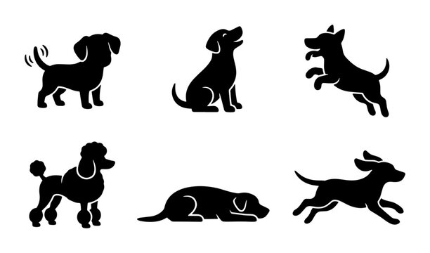 Dog silhouette vector set, black puppy icons in various poses, 6 canine animal silhouettes including poodle and labrador, pet behavior graphics