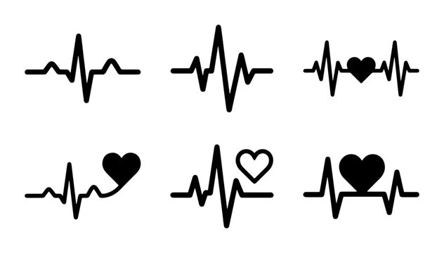 Heartbeat line vector icons set, medical EKG pulse wave symbols, black electrocardiogram rhythm with heart shapes, healthcare monitoring graphics