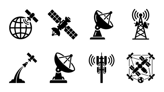 Satellite and telecommunication icons set, 8 black vector symbols of space technology, wireless signal towers and parabolic antennas for global networking