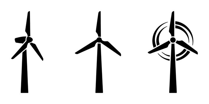 Minimalist wind turbine icons set, black silhouette renewable energy symbols, sustainable power wind farm vector graphics for eco-friendly design
