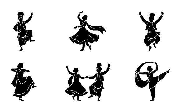 Traditional Bhangra and Gidda dance silhouettes, set of 6 Indian folk dancer vector icons, Punjabi cultural performers in ethnic dress