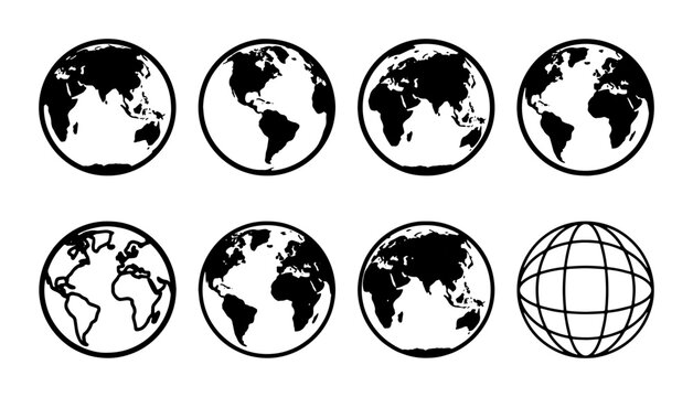 Minimalist world globe icon set, black and white earth map vector collection, 8 global planet symbols for travel and logistics design