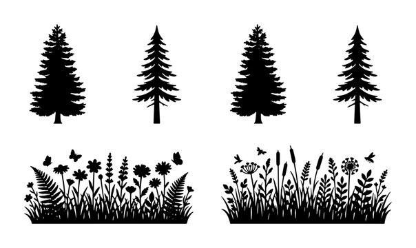 Black pine tree silhouettes and wild flower meadow borders, evergreen forest conifer set, floral grass and butterfly garden vector elements