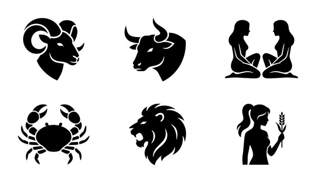 Zodiac sign icons set, black silhouette astrology symbols including Aries Taurus Gemini Cancer Leo and Virgo, celestial horoscope vector graphics