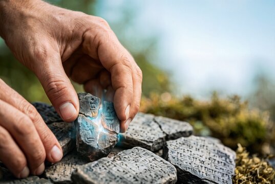 인간의 손이 고대 석판의 문자를 만지고, 균열에서 터져 나오는 빛이 새로운 지식과 변화를 상징합니다.
