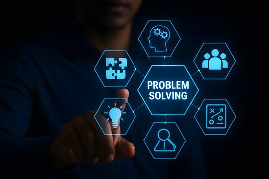 Person's finger touches a glowing "problem solving" hexagon surrounded by various solution-oriented icons, symbolizing critical thinking and strategic development.