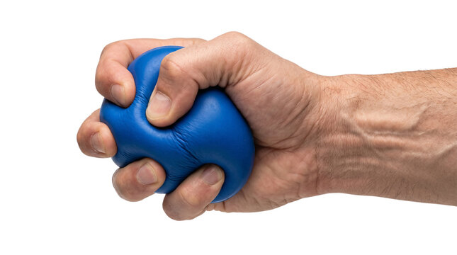 man's hand squeezing a blue stress ball