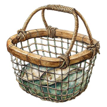 Hand-painted watercolor vintage fishing basket. Rustic wicker creel illustration with rope handle isolated on white background.