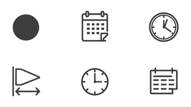 Time and schedule Icon collection: A minimalist collection of icons represents time and schedule. Featuring clock, calendar and plan. Simple and effective for designs.