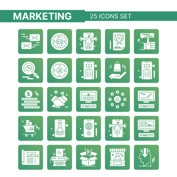 Modern customer engagement and communication icon set featuring detailed line icons designed for marketing communication, customer interaction, and business collaboration. This collection includes ess