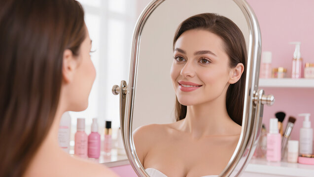 beautiful woman applying makeup with brush in front of mirror, elegant female beauty influencer filming a makeup tutorial in a bright room, professional makeup artist 