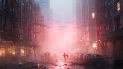 Naklejka premium City street shrouded in mist with two people walking in the evening light