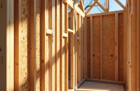 House frame construction interior. Wooden wall studs and osb sheathing visible. Sunlight streams through unfinished structure. Building process, home development.