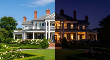 Obraz premium Dramatic split view of a grand mansion day and night contrasts in architecture