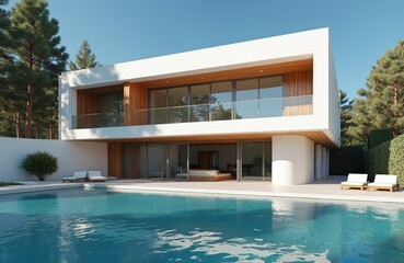 Fototapeta premium Modern luxury house with swimming pool surrounded by green trees. Two white lounge chairs sit on the tiled patio. Sleek architecture with wood accents and glass doors.