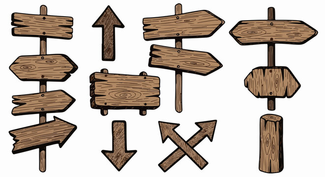 Collection of various weathered wooden direction signs and directional arrows on posts