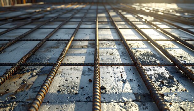 Detailed view of steel rebar grid laid on textured concrete surface during construction