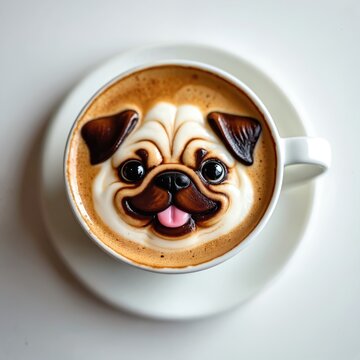 Cute pug face latte art in coffee cup. Barista creates dog shape foam on hot drink. Enjoying morning caffeine beverage with playful canine face.