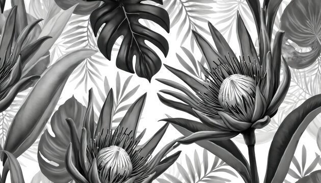 Monochrome pattern with protea flowers and tropical leaves. Exotic floral design with intricate details. Elegant botanical illustration for backgrounds. Abstract nature art.