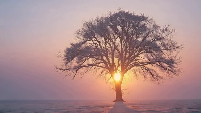 薄明の色に染まる雪原で一本の木が迎える夜明け
