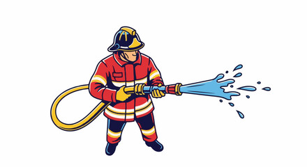Fototapeta premium Cartoon firefighter in red uniform spraying water from a hose