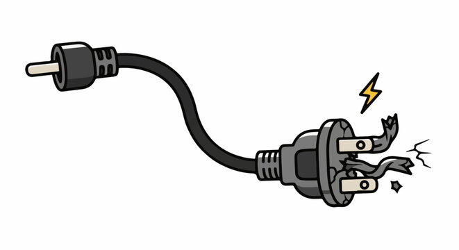 Cartoon electrical plug with frayed wires and a small lightning bolt, indicating damage