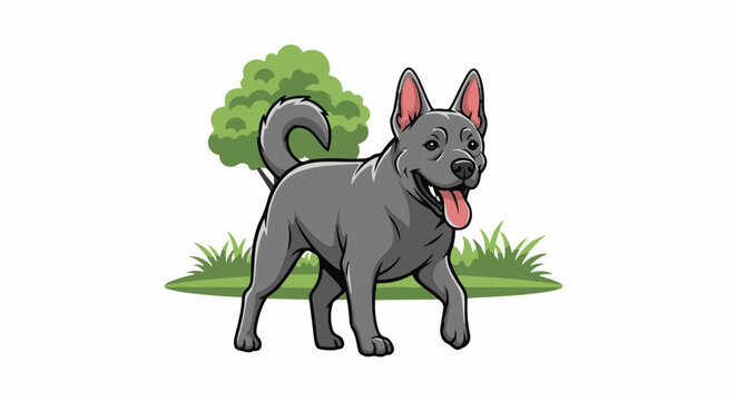 Cartoon dog with gray fur and pink ears happily walks in a grassy area near a tree