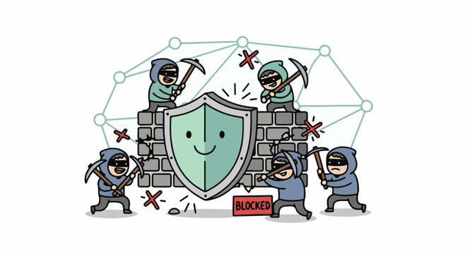 Cartoon attackers with pickaxes try to breach a smiling shield on a brick wall, blocked