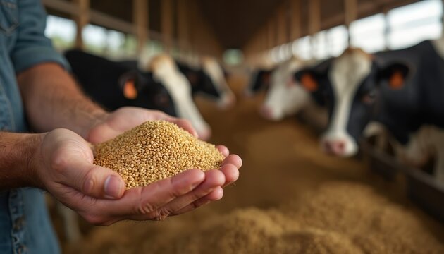 Farmer holds grain feed in cupped hands. Dairy cows wait in barn stalls behind him. Agriculture industry feeds livestock for food production.
