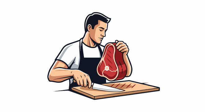 Butcher cuts raw meat on a wooden board