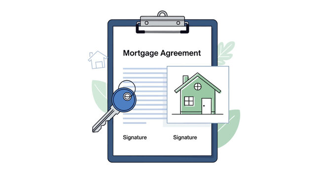 Mortgage agreement with house key and contract.