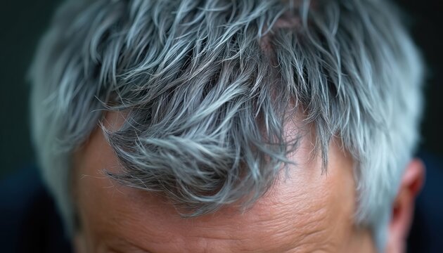 Close up of mature mans forehead and gray white hair. Aging hair follicle texture shows thinning recession. Healthy scalp care needed for hair loss.