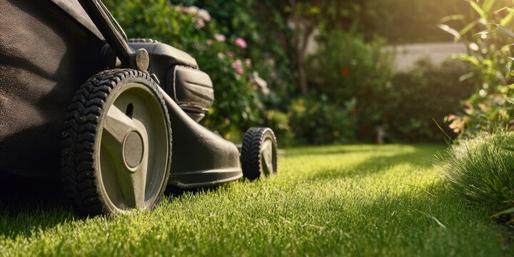 The lawn mower gliding across a sunlit backyard mowing lush green grass