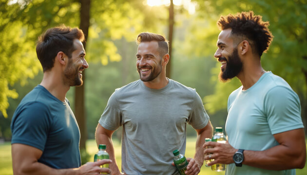 Three men in park during workout break smile and talk. Friends drink water after outdoor exercise, enjoying nature and good weather. Healthy lifestyle group relax, chat and hydrate.