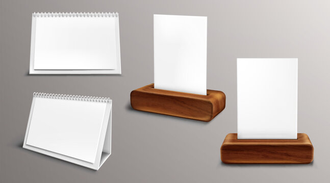 Calendar on wooden base mockup realistic set.