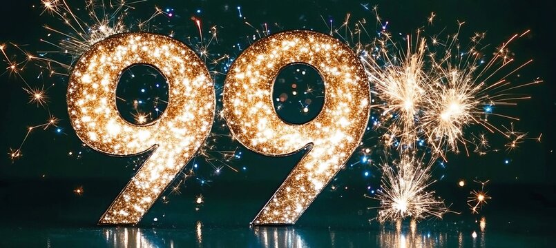 Ninety-nine Years Celebration with Golden Digits on Emerald Canvas and Vibrant Shimmering Sparklers