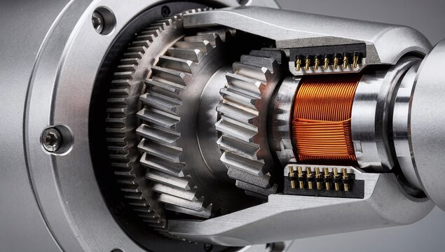 Close-up of industrial robotic joint actuator with steel gears and copper windings