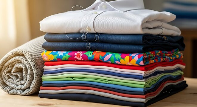 A neat stack of folded colorful clothes and a rolled grey sweater on a wooden table.