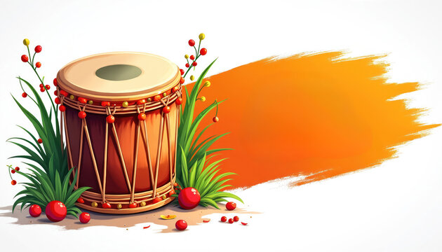 Illustration of dhol drum with green grass and red berries on white background. Vibrant orange brush stroke adds festive touch. Perfect for cultural event announcements.