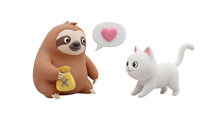 Fototapeta premium Cute 3D Sloth with Money Bag and White Cat with Heart Bubble