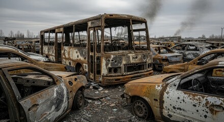 Fototapeta premium Destroyed Bus and Cars in War Zone Aftermath.