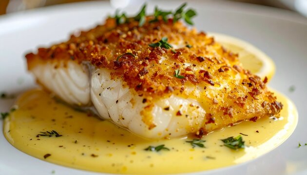 crispy fish fillet with lemon butter sauce, fine dining presentation
