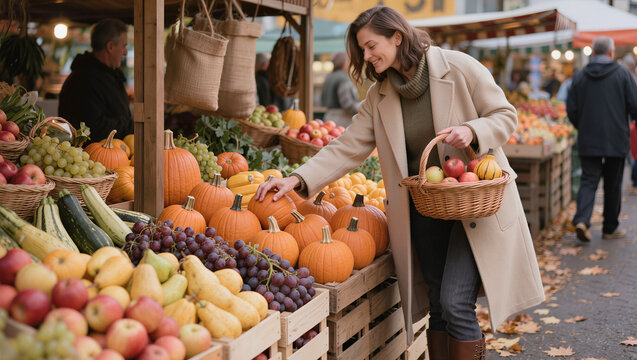 smiling woman shopping for fresh pumpkins at autumn farmers market, happy customer choosing organic vegetables at outdoor fall market, young woman in coat holding basket at harvest festival 